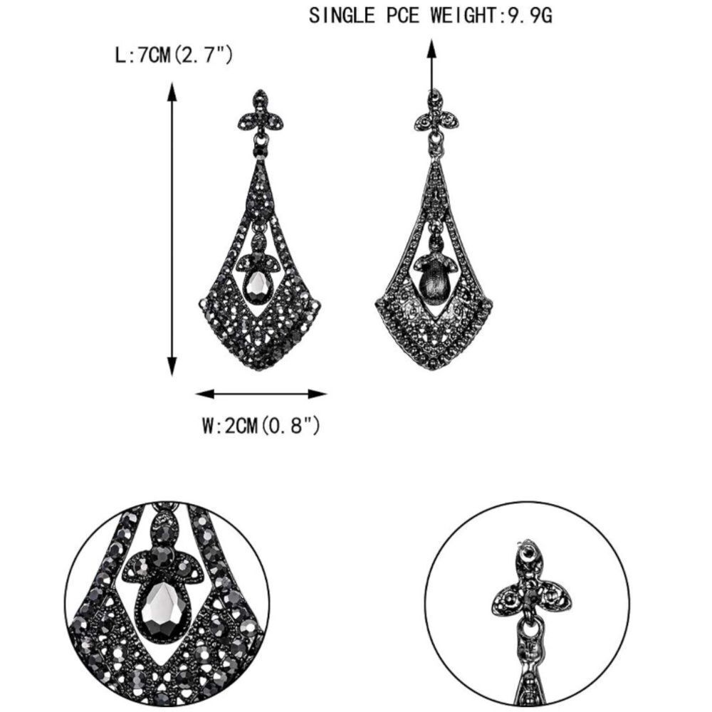 Gun Metal with Charcoal Gray Crystal Art Deco Rhombus Chandelier Post Earrings - Picture 4 of 4